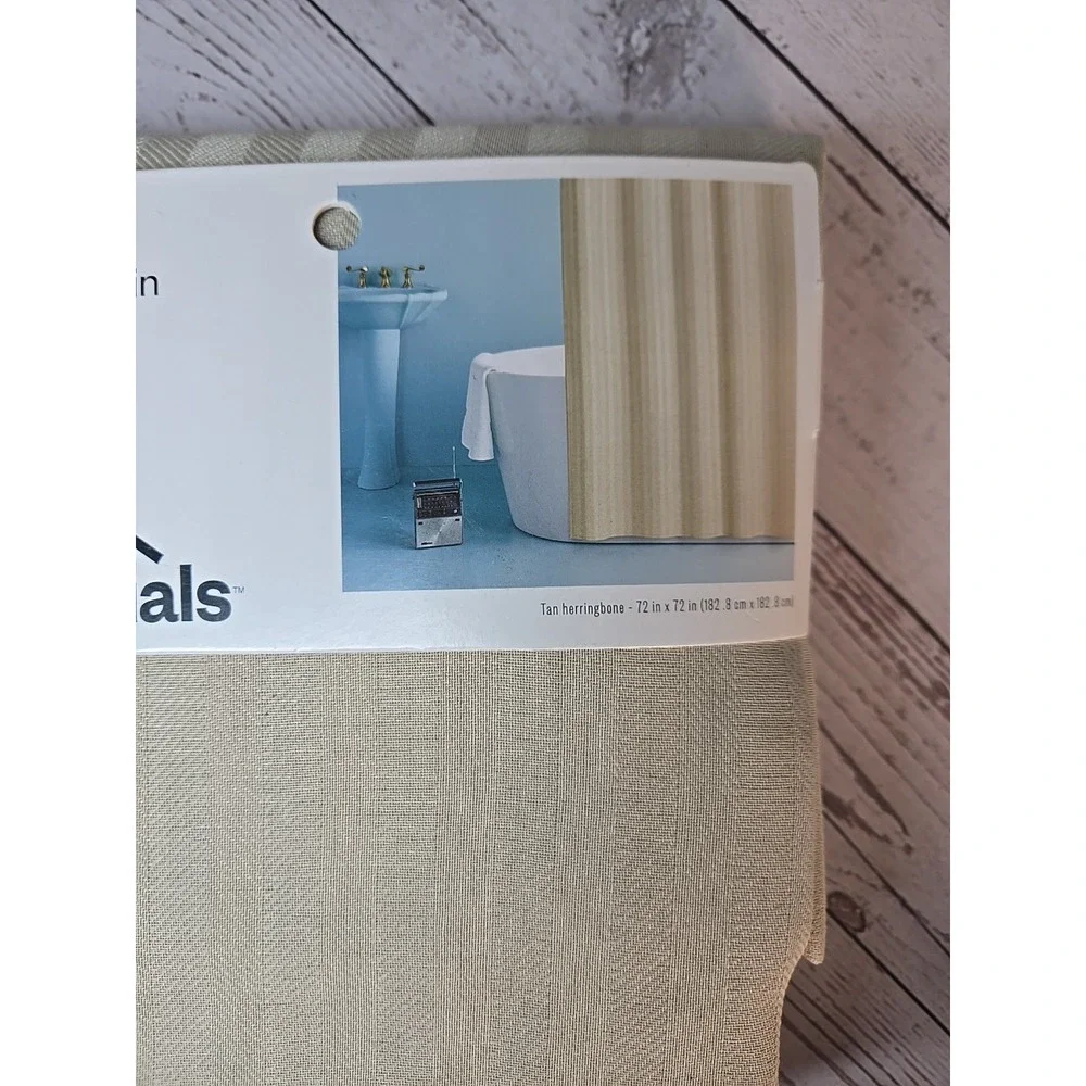Room Essentials Shower Curtain Buttonhole Top - Tan Herringbone w/Stripes 72x72